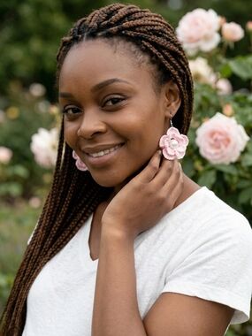 Hand Knit Pearl Center Pink Floral Drop Earrings